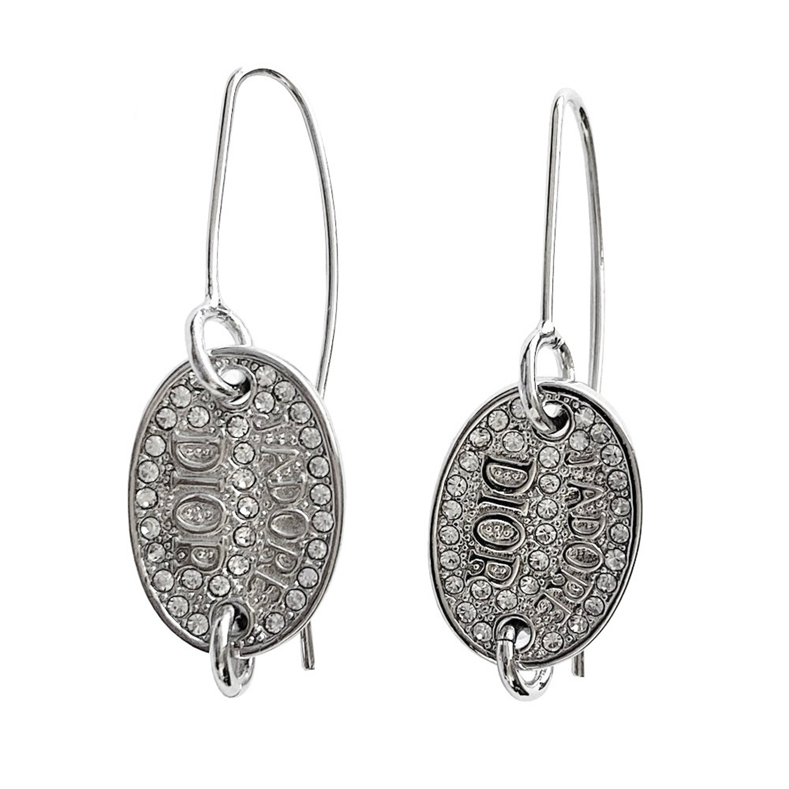 Auth Vtg Christian Dior Silver Jadore Dior Logo Crystal Rhinestone Hook Earrings